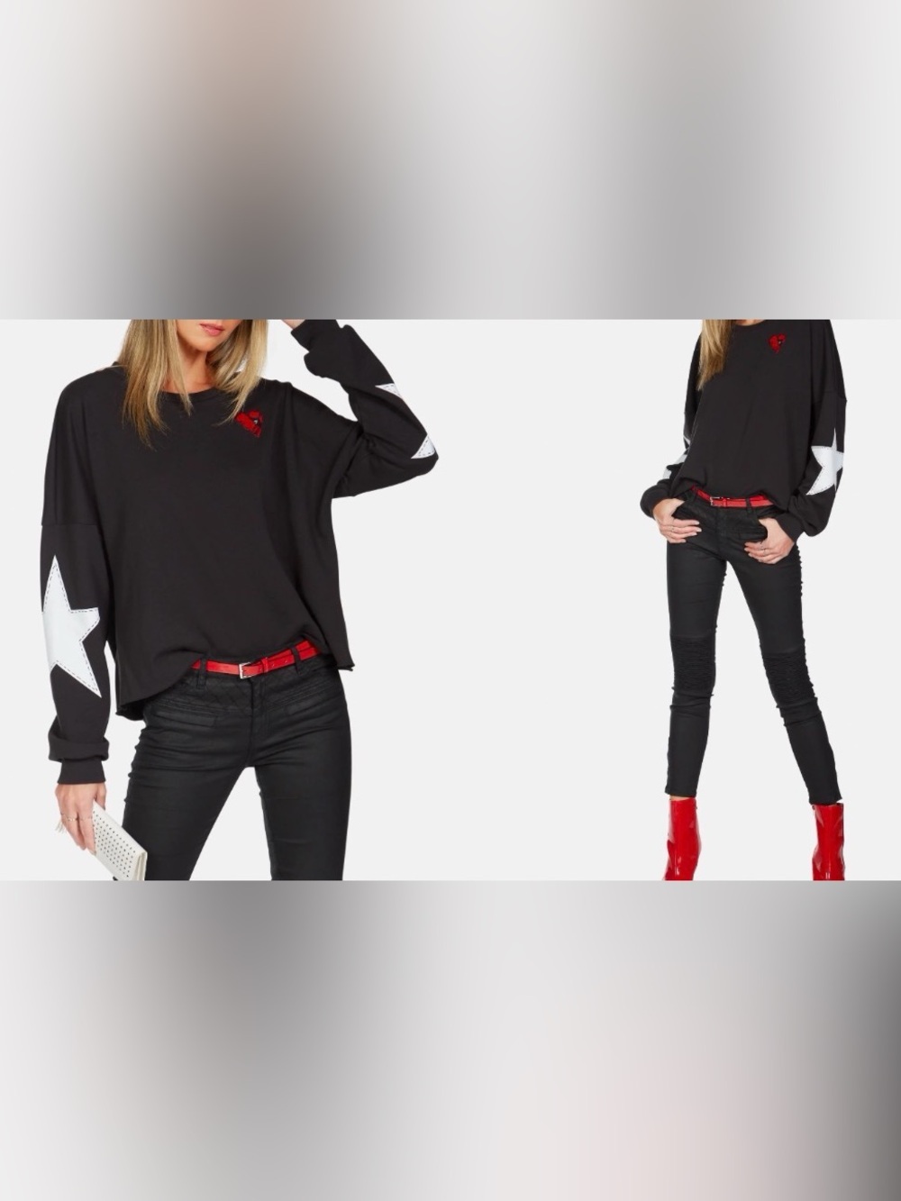 Lauren Moshi Black Women's Pullover Sweater with Red Heart Accent